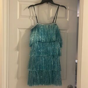 Teal Layered Tinsel Fringe Dress
